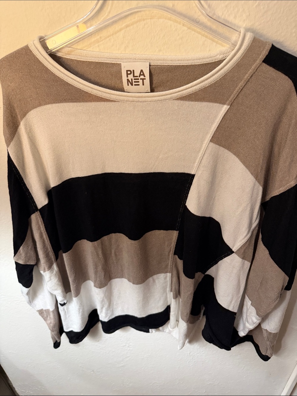 Planet Striped Scoop Neck Sweatshirt — Black, White & Taupe